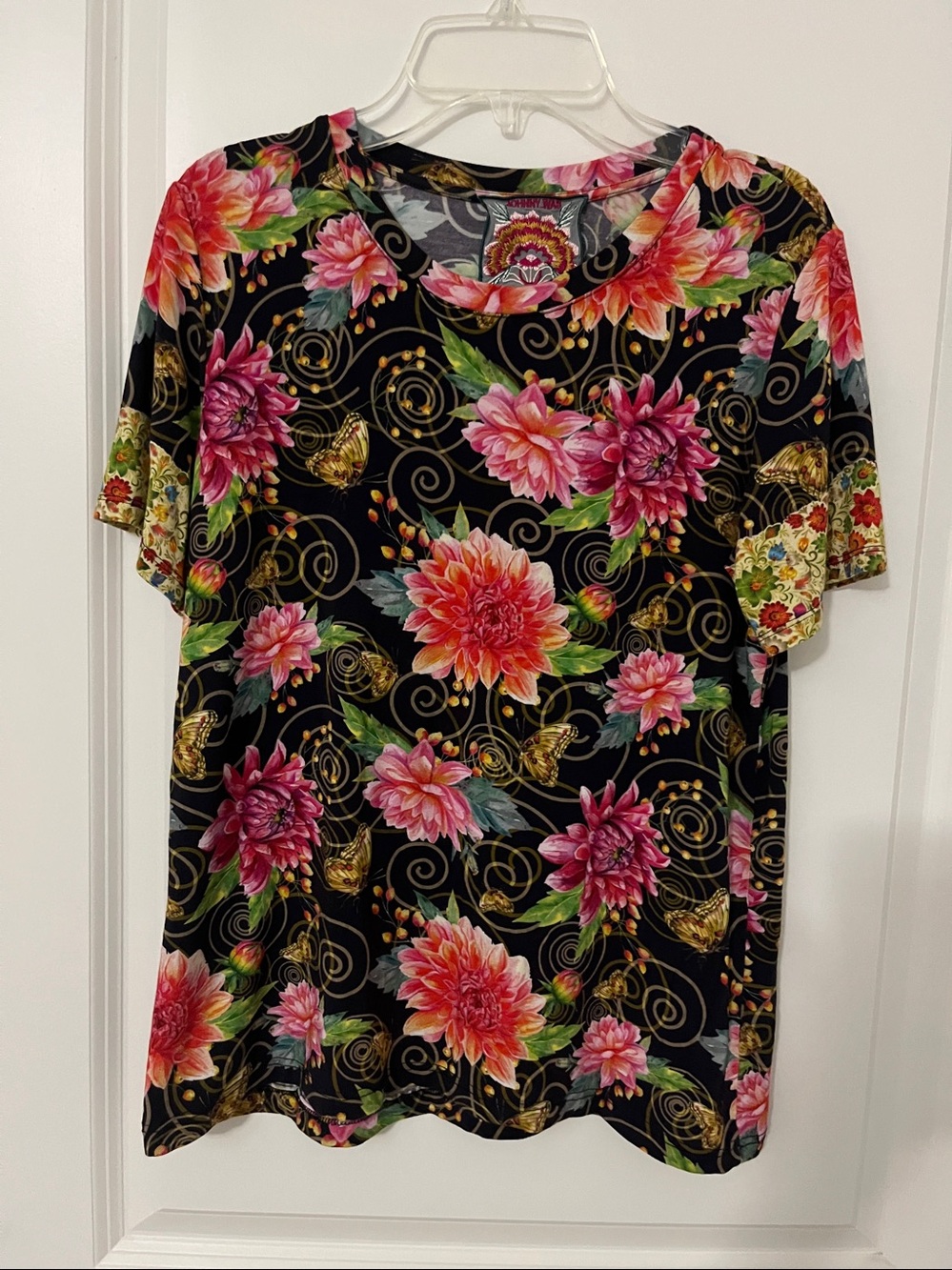 Johnny Was Black Floral Scoop Neck Top with Pink & Green Accents - Picture 2 of 4